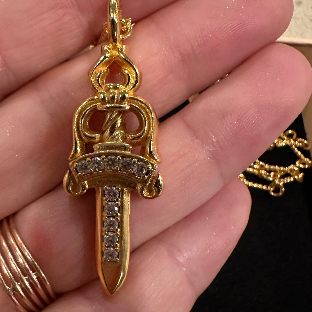 Gold Pendant Necklace with Cross and Sword Charms - Picture 2 of 6